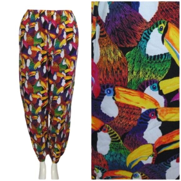 80s Gym Pants, M/L, Toucans/Bird print, Elastic waist & Cuffs, Colorful - Picture 1 of 11